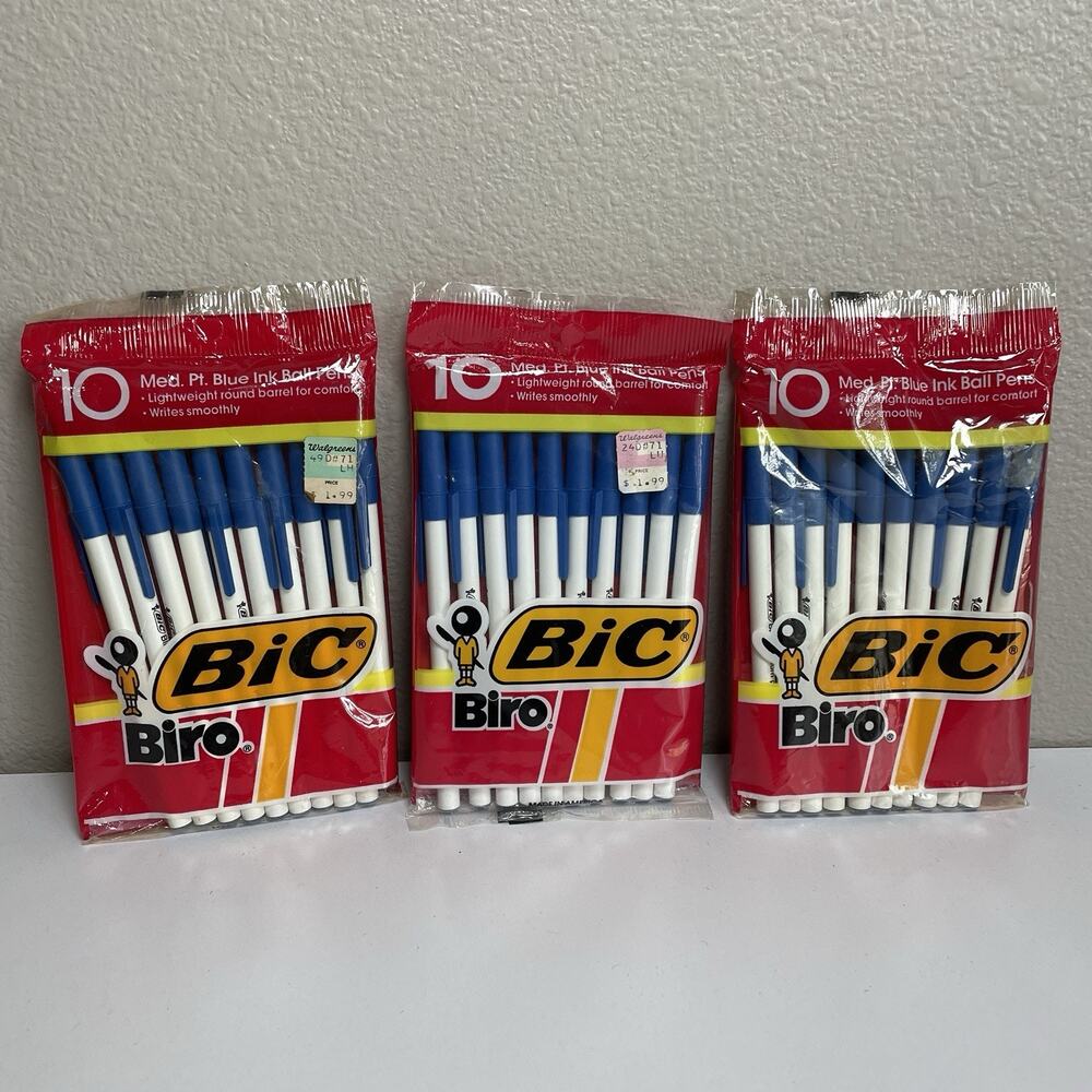 Lot 3 VTG 1983 Bic Biro Blue Medium Point Ball Pens 10 Pack New Old Stock Sealed